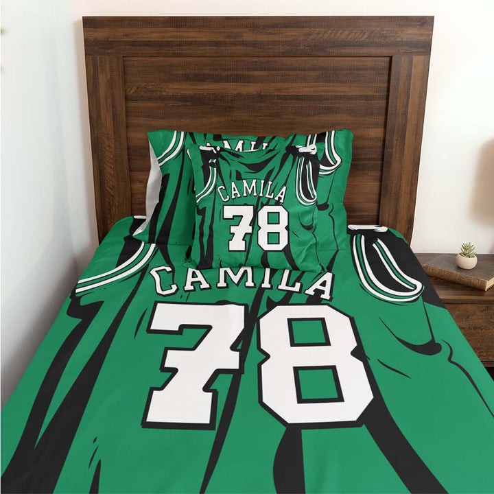 Personalised Cot / Green White Basketball Jersey Personalised Quilt Cover Set