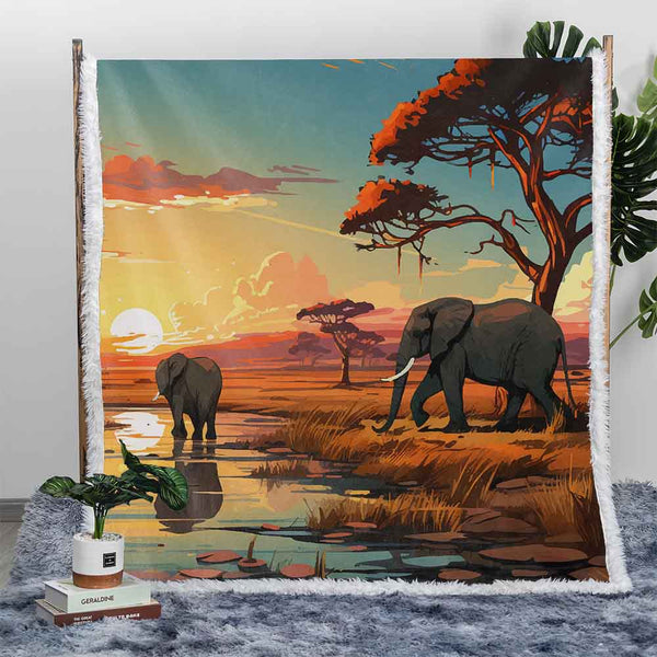 Elephants in Savanna Plush Sherpa Blankets Elephants in Savanna Blanket