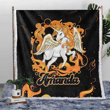 Personalised Plush Sherpa Blankets Fire Unicorn Personalised Blanket