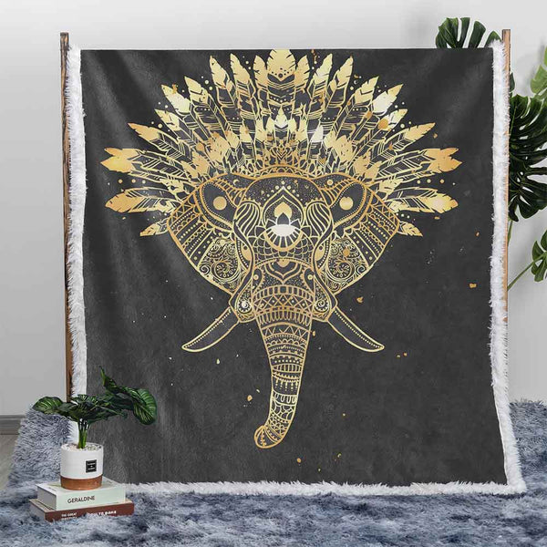 Elephant Love Plush Sherpa Blankets Golden Boho Elephant Blanket