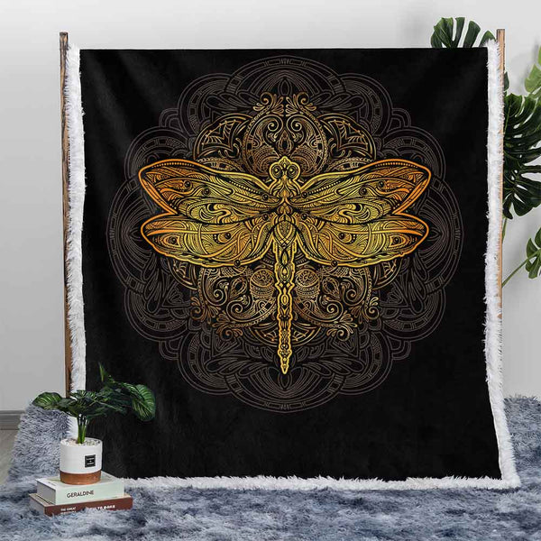 Golden Dragonfly Plush Sherpa Blankets Golden Dragonfly Blanket