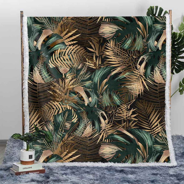 Golden Tropical Leaves Plush Sherpa Blankets Golden Tropical Leaves Blanket