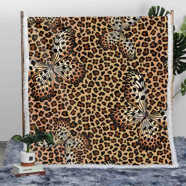 Leopard Print Plush Sherpa Blankets Leopard Print Butterflies Blanket