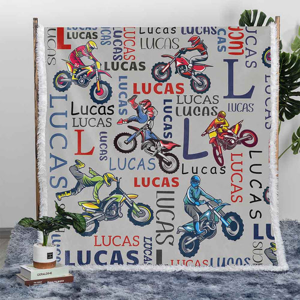 Personalised Plush Sherpa Blankets Little Racer Motorbike Personalised Blanket