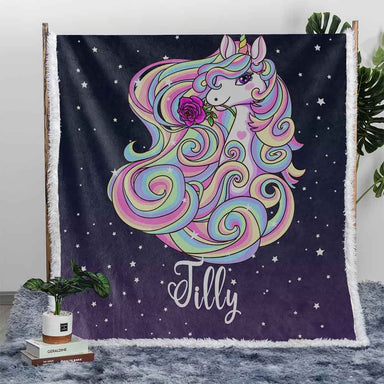 Personalised Plush Sherpa Blankets 75x100cm / Midnight Purple Magical Unicorn Personalised Blanket