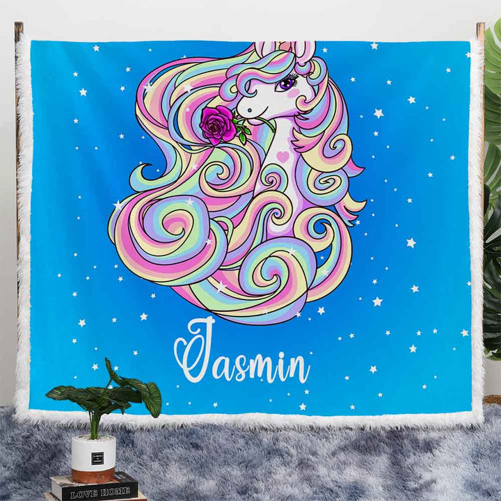 Personalised Plush Sherpa Blankets 75x100cm / Sky Blue Magical Unicorn Personalised Blanket