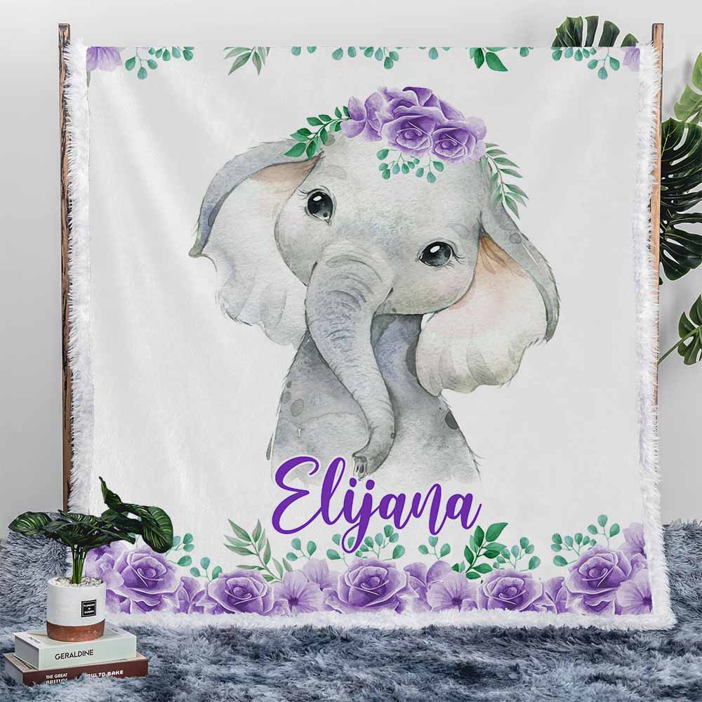Personalised Plush Sherpa Blankets 75x100cm / Purple Flower Baby Elephant - Floral Personalised Blanket