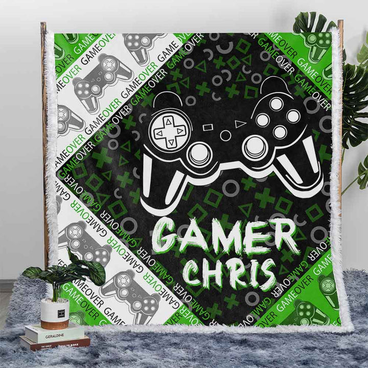 Personalised Plush Sherpa Blankets 75x100cm / Green Game Over Personalised Blanket