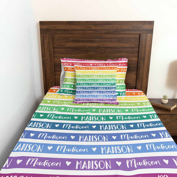 Personalised Rainbow Hearts Font Personalised Quilt Cover Set