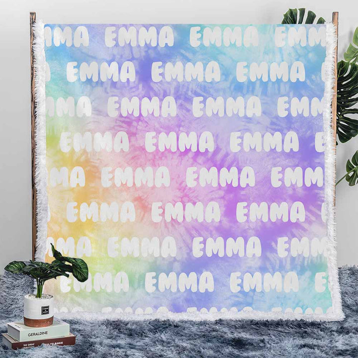 Personalised Plush Sherpa Blankets Rainbow Tie Dye Name Personalised Blanket