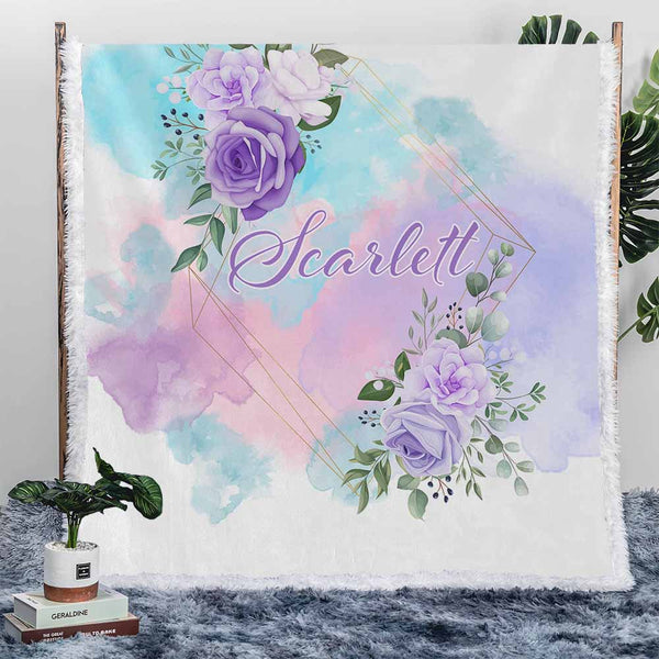 Personalised Plush Sherpa Blankets Watercolour Rose Name Personalised Blanket