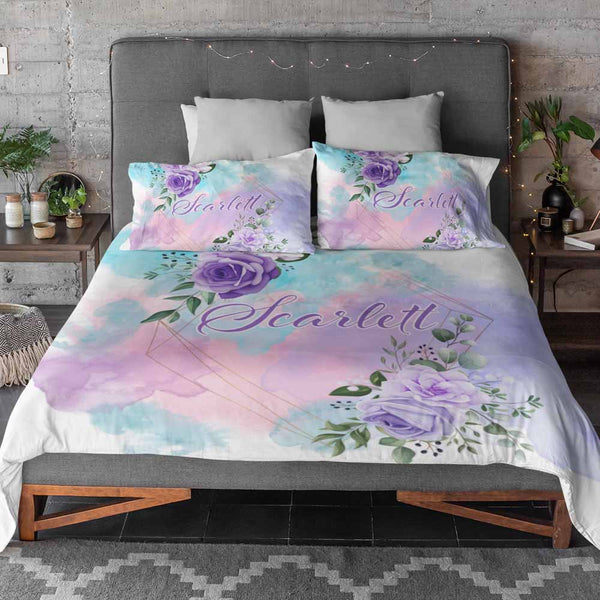 Personalised Watercolour Rose Name Personalised Quilt Cover Set
