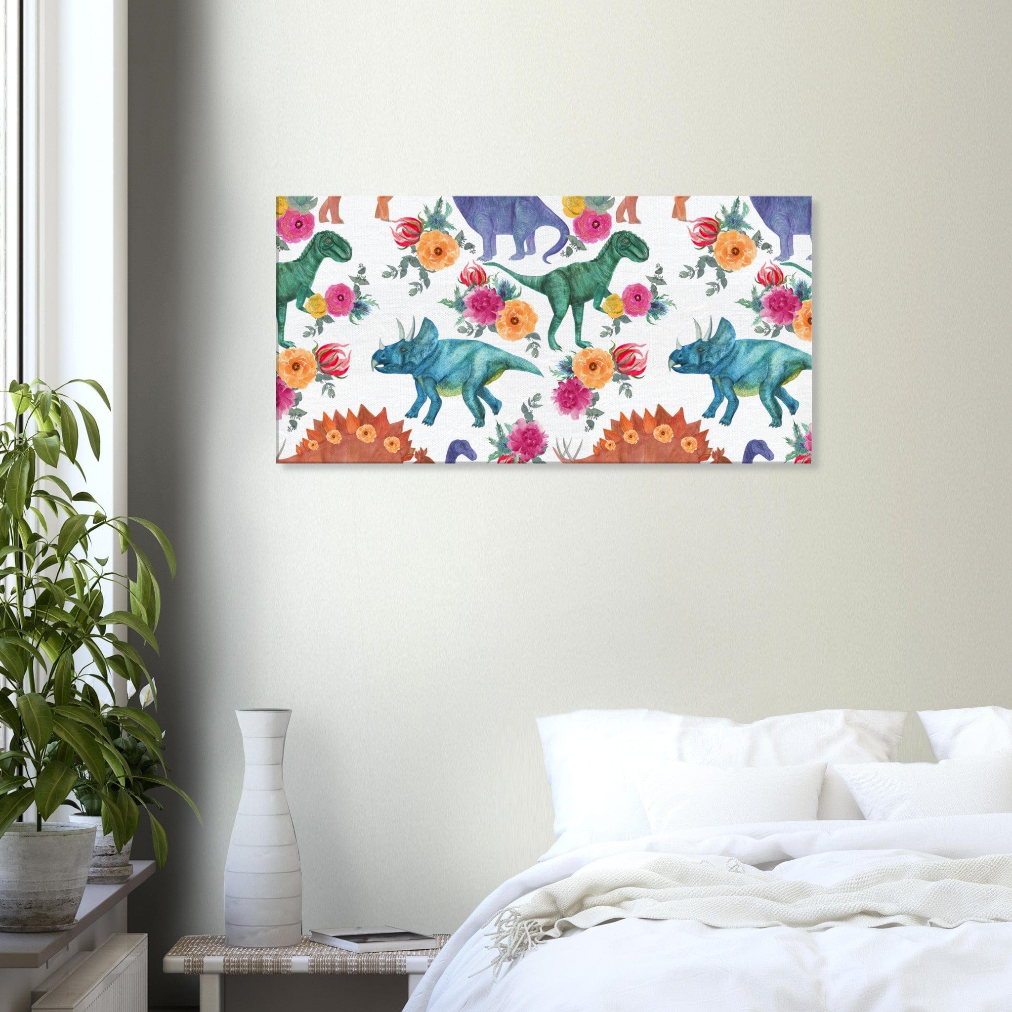 Little Squiffy Print Material 50x100 cm / 20x40″ / Horizontal Floral Dinosaurs Canvas Wall Art