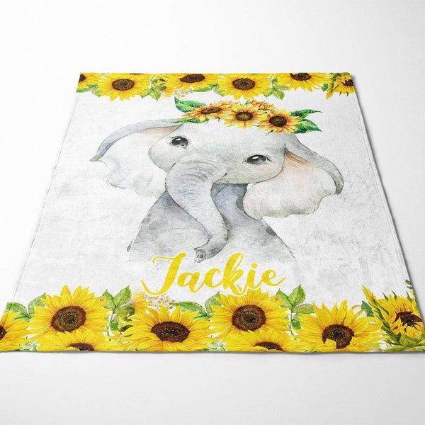 personalised 75x100cm / Sunflower Baby Elephant - Floral Personalised Squiffy Minky Blanket