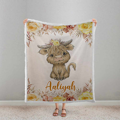 Personalised Plush Sherpa Blankets Baby Highlander Cow Personalised Blanket