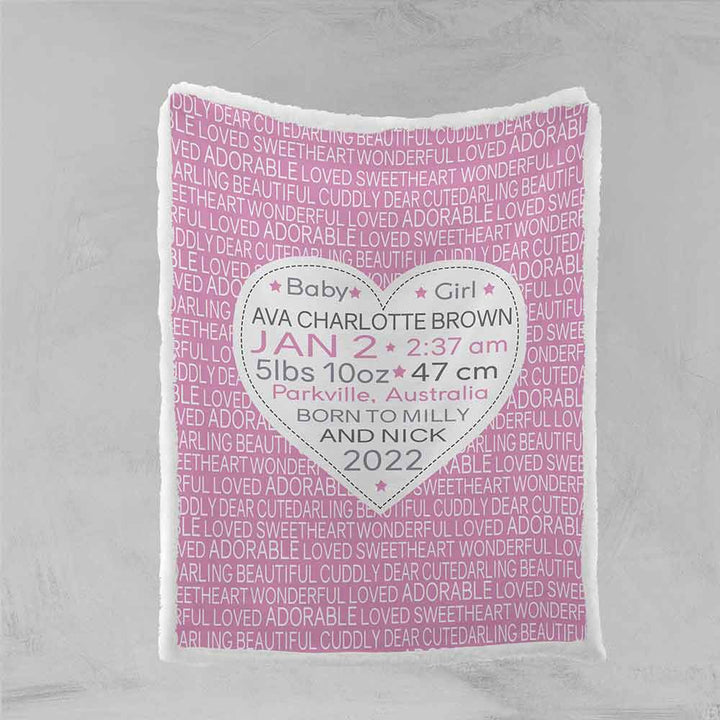 Personalised Plush Sherpa Blankets 75x100cm / Pink Birth Announcement Personalised Blanket