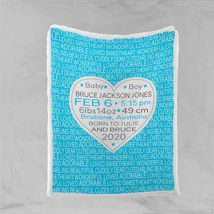 Personalised Plush Sherpa Blankets 75x100cm / Blue Birth Announcement Personalised Blanket