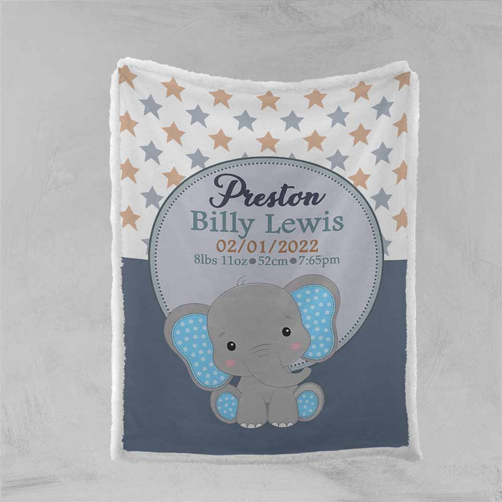 Personalised Plush Sherpa Blankets Birth Details Elephant Personalised Blanket