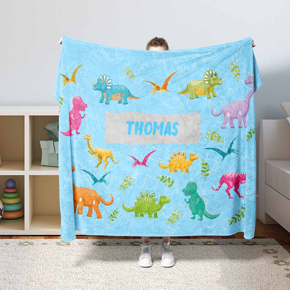 Personalised 100x75cm / Blue Cartoon Dinosaurs Personalised Squiffy Minky Blanket