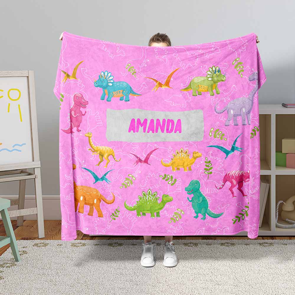 Personalised 100x75cm / Pink Cartoon Dinosaurs Personalised Squiffy Minky Blanket