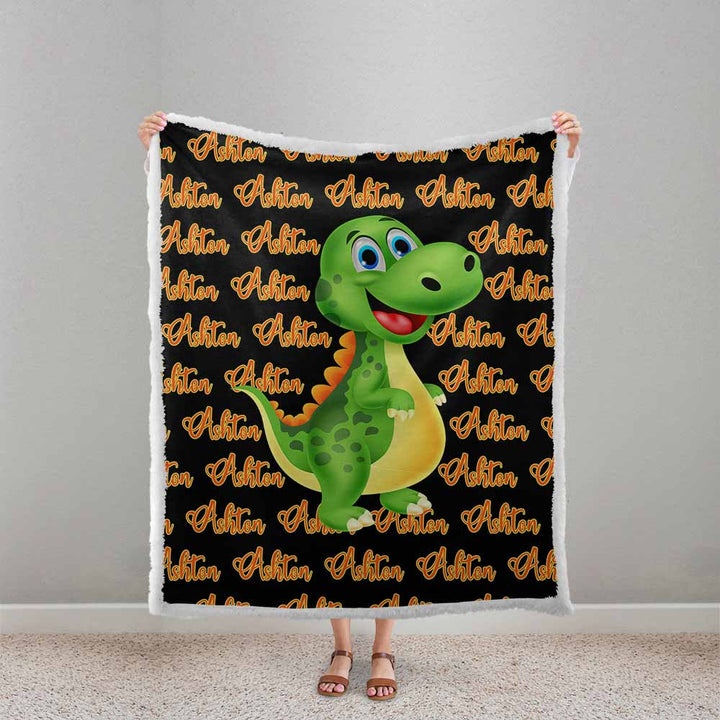 Personalised Plush Sherpa Blankets 75x100cm / Repeat Dinosaur Character Name Personalised Blanket