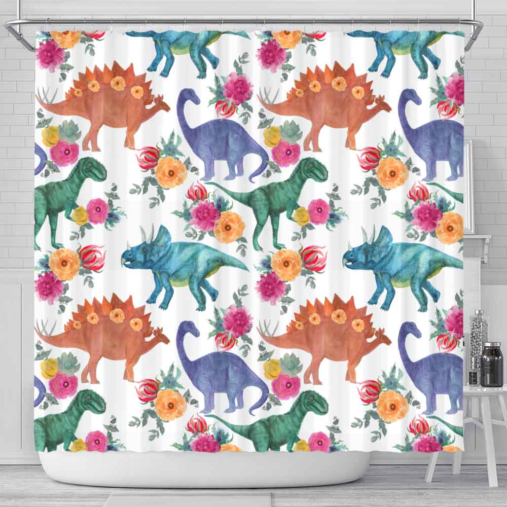 Floral Dinosaurs Shower Curtain-Floral Dinosaurs-Little Squiffy