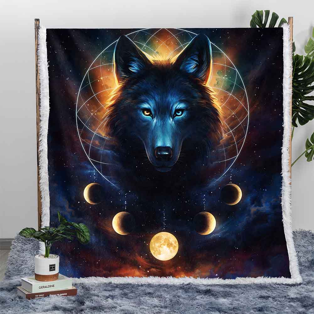 Galaxy Wolf Moon Dreamcatcher Premium Plush Sherpa Blanket — Little Squiffy