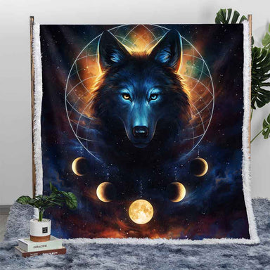 Galaxy Wolf Moon Dreamcatcher Plush Sherpa Blankets Galaxy Wolf Moon Dreamcatcher Blanket