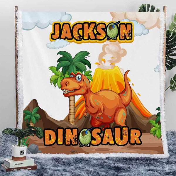 Personalised Plush Sherpa Blankets Orange Dinosaur Personalised Blanket