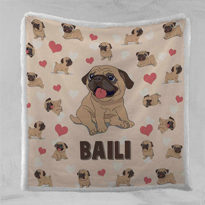 Personalised Plush Sherpa Blankets Pug Hearts Personalised Blanket